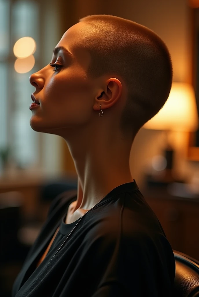 Pretty woman with shaved neck sitting in a hairdresser&#39;s chair, completely seen from behind,  zoom on the neck , beaucoup de lumière 