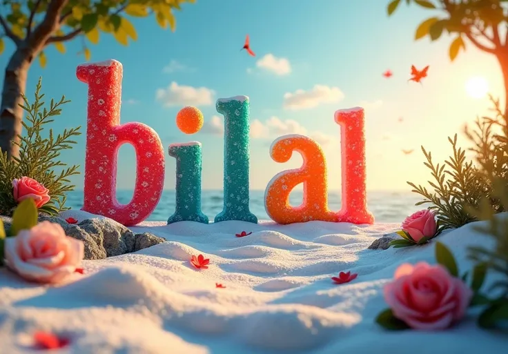 a captivating landscape and ,text "Bhat Bilal" in colorful font,shore,leaves,white accents on ground,blowing sun,snow,(best quality,4k,8k,highres,masterpiece:1.2),ultra-detailed,(realistic,photorealistic,photo-realistic:1.37),HDR,UHD,studio lighting,ultra-...