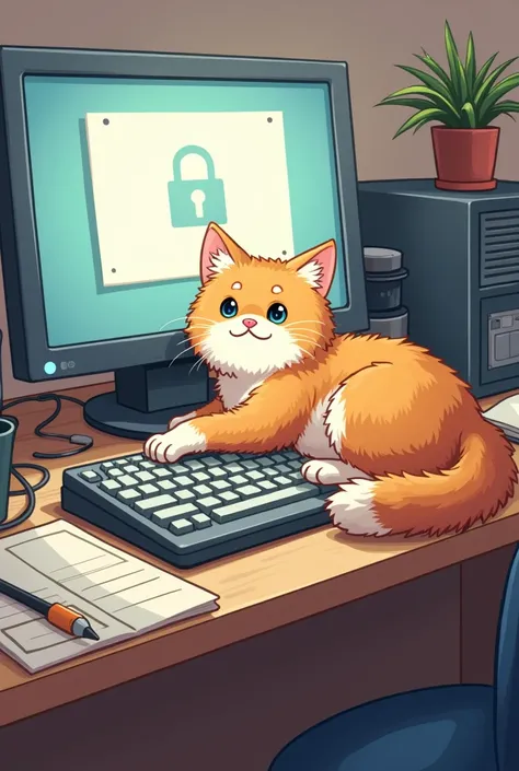 Drawing of a cat lying on the keyboard, locking the computer screen.

