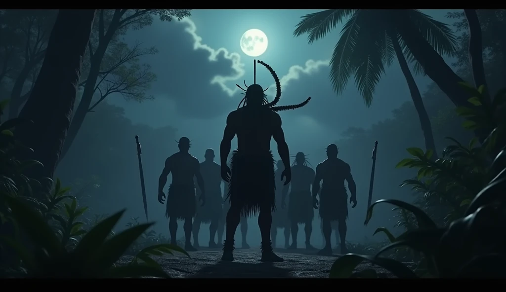 Generate 3d animated image of a deadly forest like Amazon rainforest, and the night time and a indian worrier man looks 
In shadow and so many people back of with him and he is ready for war