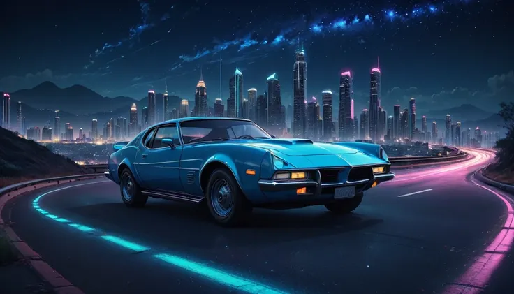 View of A blue Retro car on a Winding highway in the night going towards the city, City and sky scrapers in the horizon. Starry Sky, buildings with Neon lights, SynthWave Style colours. Very accurate, Realistic, lively, Elaborate, Brilliant , Like a specta...