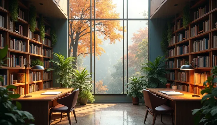 Create a study room with a skylight window that reveals raindrops falling on the leaves of autumn trees. The room is decorated with a few indoor plants, wooden desks, and reading lamps, creating a serene environment perfect for quiet study or meditation. T...