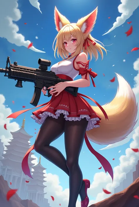 Please draw an anime of a Japanese shrine maiden fox girl。In the background is the heavens with a palace.。Holding a machine gun。Please wear a mini skirt and black pantyhose.。Please draw her tall and in a model-like style.。Please draw me with beautiful brea...