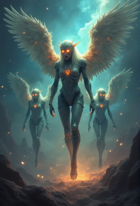 Fallen Angels of the Universe, glowing light eyes, biomechanical, eery, creepy, nightmarish, Very bright colors, light Particle, with light glowing, Musif, Wallpaper Art, UHD Wallpapers