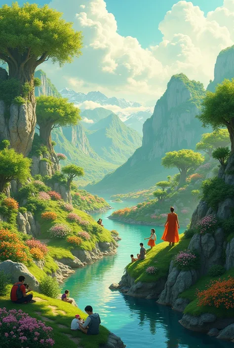 A lush, green landscape with rivers flowing, trees blossoming, and people living in harmony. The world is full of light, and nature thrives once again.