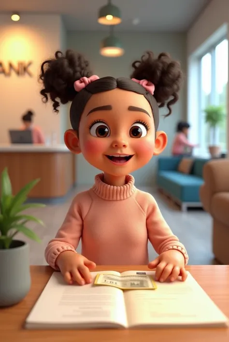 Young Girl: Today I opened an account in the bank ai 3d image cartoon type realistic 