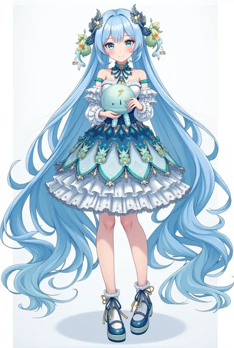 ((masterpiece, Best Quality)), Detailed face and whole body, Character Sheet,, Full of details, Light blue hair, smile、Very detailed, Depth, Many parts, clear costume design, Ocean-inspired costume design, Official character illustration,  full body charac...