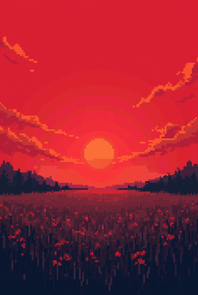 Piksel art style , create a vast withered meadow with a red sky