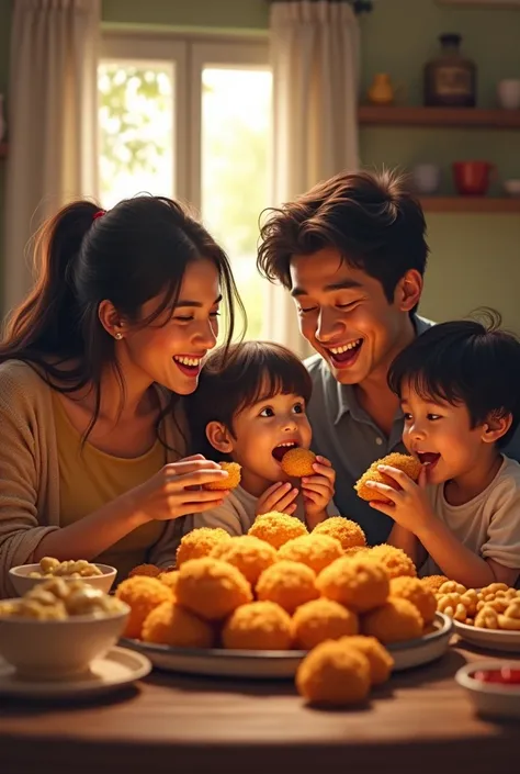 A family enjoying a portion of fried snacks
