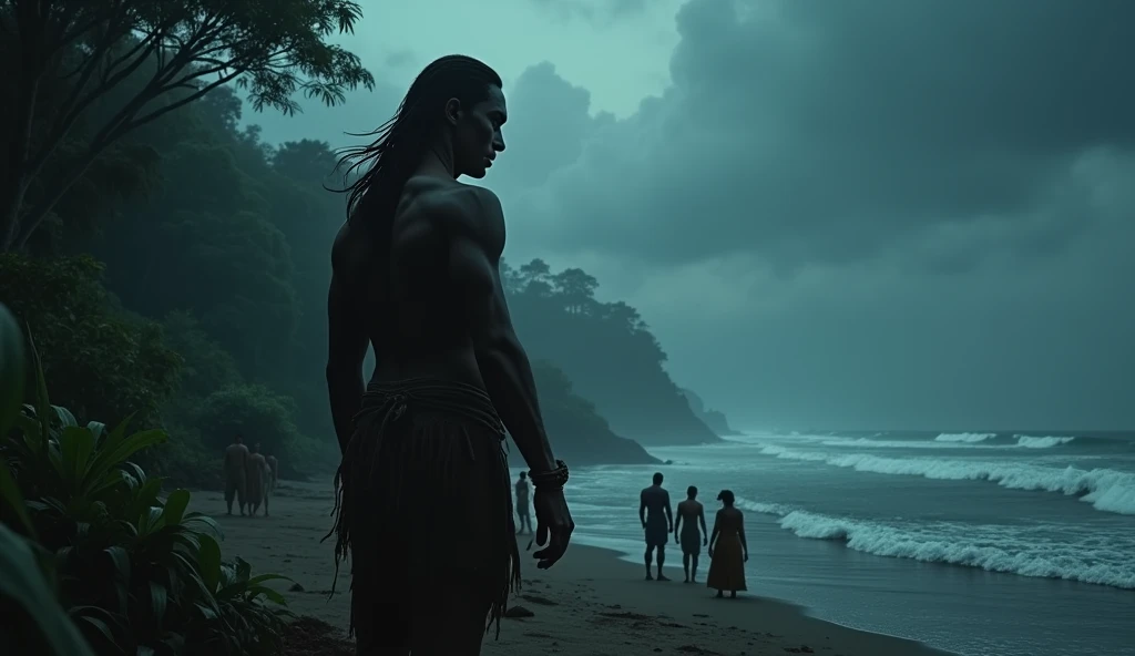 Generate 3d animated image of a deadly forest like Amazon rainforest, and the night time and a indian worrier man with less hqir looks 
In shadow with some of the people beside ocean