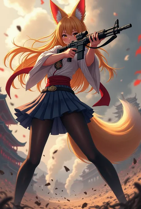 Please draw an anime of a Japanese shrine maiden fox girl。Please draw the background as the Battle of Sekigahara.。Holding a machine gun。Please wear a mini skirt and black pantyhose.。Please draw her tall and in a model-like style.。Please draw me with beauti...