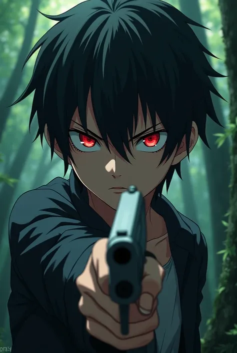 anime boy, red eyes, black hair, focus on the face, no body, he has a gun, menacing stare, in a forest