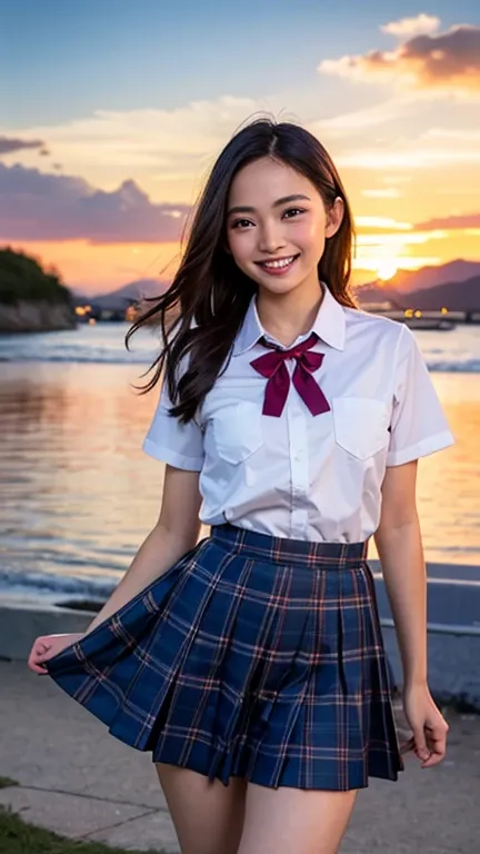 ((Best Quality, masterpiece, Ultra-high resolution、The most complex and detailed depiction))、One schoolgirl、1、High School Uniform,White shirt,Chest ribbon,Navy Skirt、Cowboy Shot、Hair swaying in the wind、Perfect detail、sunset、Beautiful sunset on background、...