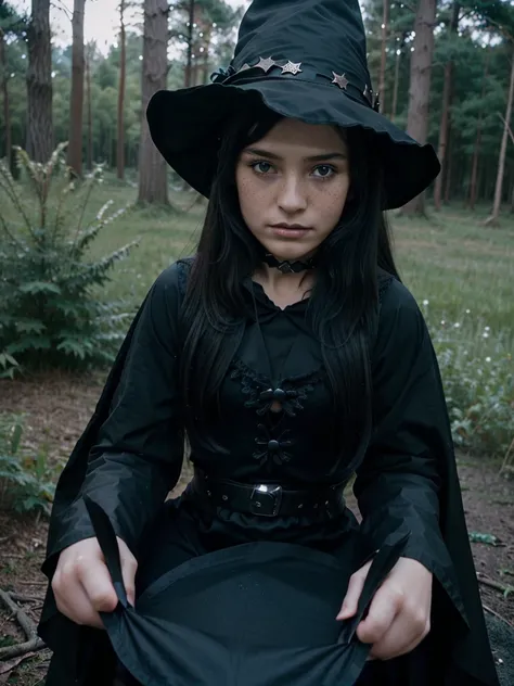 black hair, freckles, wearing a witch hat and witch costume, sexy witch costume, (8 years_old:1.5), magic spell on hand, blue ma...