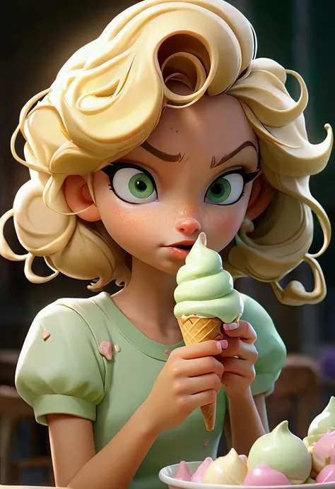 1girl, blond hair, green eyes, eating ice-cream 