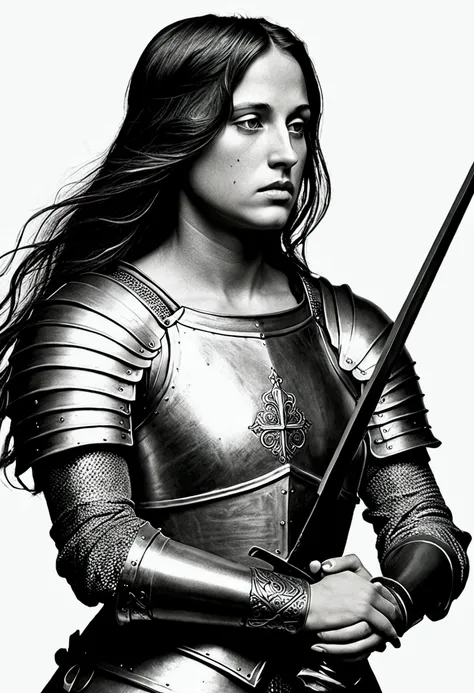 Make a composition that could be used in a Joan of Arc tattoo. Make it in black and white and she will have a melancholic expression as if she were about to cry., make her hold a sword and the art also look like a renaissance art. And do it with a more mel...