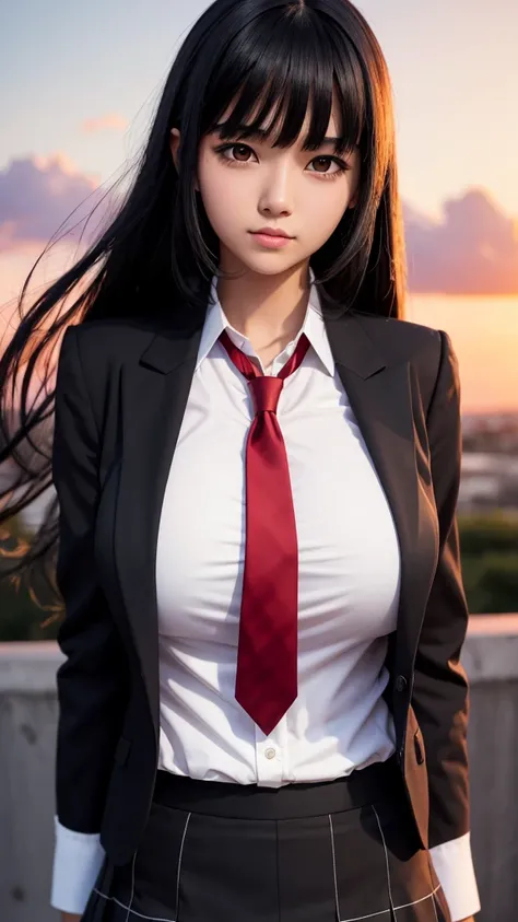 One girl, Black Hair, Heavy bangs, Black Eyes, White shirt, Red tie, Checked skirt,Sunset side light, Detailed Background (Large Breasts)