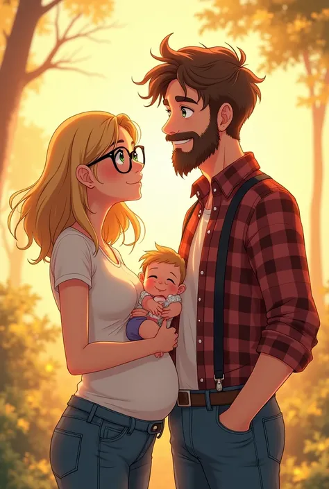 Shoulder length blonde hair slight waves wide green eyes round black glasses holding a baby girl next to a Late forties man, messy brown hair and beard, plaid button up, jeans, suspenders, dad bod, cute, wrinkled, graying , brown eyes, anime style, thick o...