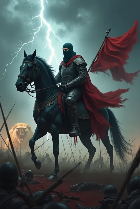 A muslim warrior in the war field sitting on a black horse fully armoured with a sword in his hand and a flag flying on hus back. Dark sky covered with thunder and lighting with a lion roaring in the background facing lakhs of people alone with lot of bloo...