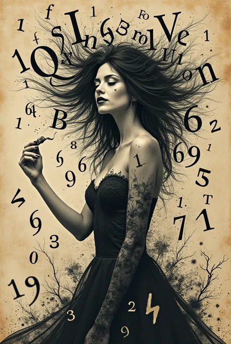 beautiful girl standing with thick hair, dreaming of a fantasy world, made up of typography elements, typefaces, letters, create me a beautiful woman, made of typographic characters, in a fairy-tale atmospherenumbers, old paper fly, metal type printing pre...