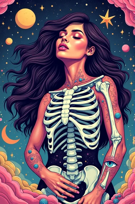 Create a detailed, psychedelic-inspired illustration of a woman with flowing cosmic hair, embracing her inner self. Her body is partially transparent, revealing a celestial skeleton surrounded by planets and stars. The design should incorporate the followi...