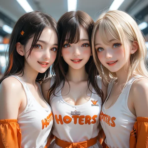 realistic, ((3 girls are holding hand each other, welcome someone with open arms , they are face to face,)) break medium breasts...