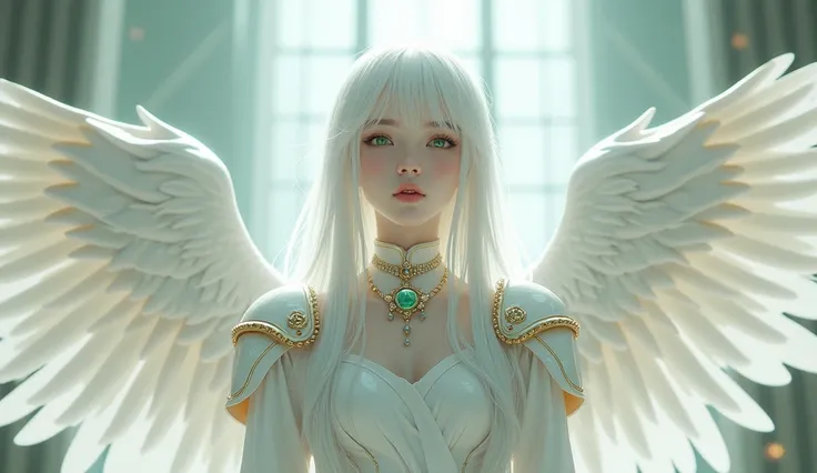 masterpiece, Ultra intricate details, low camera angle, low angle photography, view from below, 1 girl, alone, Dark Angel of Death, blushing, albino skin, compassionate, angel smile, angel tunic with shining white armor, white and gold. pure white large an...