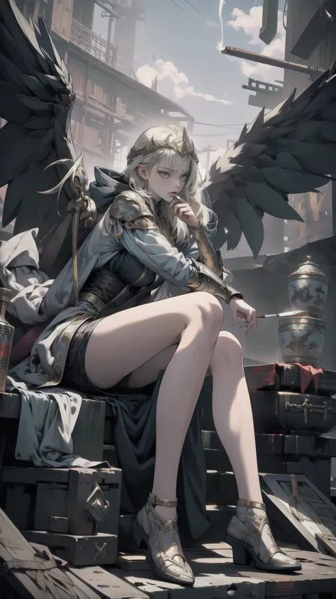 Watching the audience、,(whole body, Legs and shoes are visible: 1.2),.View your viewers、Holding a cigarette、Mysterious fantasy concept art, girl in black and Gold Armor, Gold Tiara, Gold Armor, Has a golden sword, Low Wing, Wings on the head, Multiple Wing...