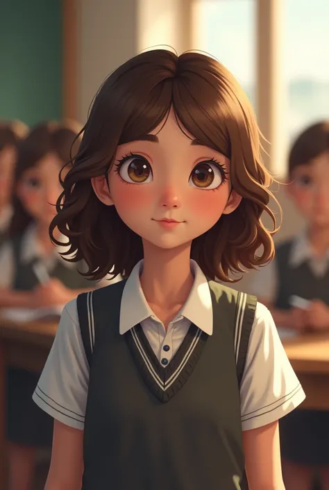 Beautiful girl with wavy long brown hair , 10 years , in school uniform asks the teacher " Can I join the class?/group?"


