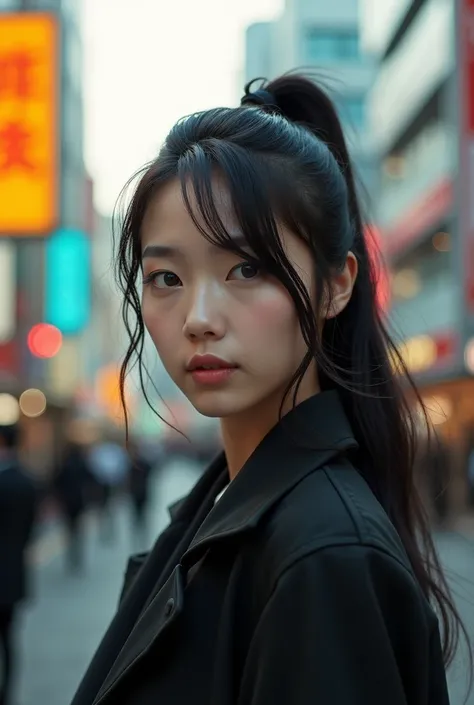 A beautiful Japanese young woman, aged 18, with expressive brown eyes, long black hair styled in a high ponytail, wearing a fitted white T-shirt and a subtle, enigmatic smile, standing in the midst of a bustling Shibuya street in the warm, soft morning lig...