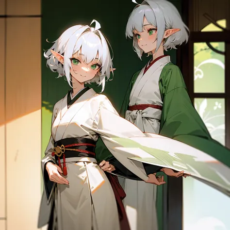 elf, female, silver hair,short hair, medium cut, ahoge, curly hair, green eyes,slender, fair skin, japanese female kimono, big ribbon bow behind hair,  cool mild Smile, japanese Hotel, japanese doorman, annoyance