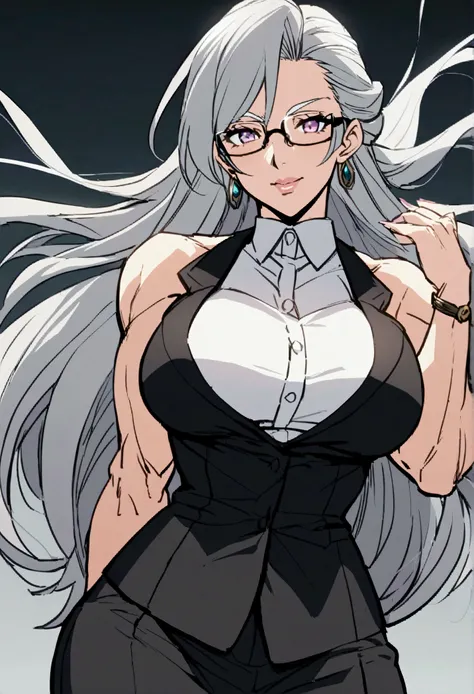 anime older woman muscle teacher with silver hair and glasses