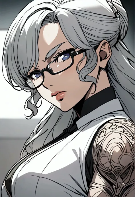 anime older woman muscle teacher with silver hair and glasses