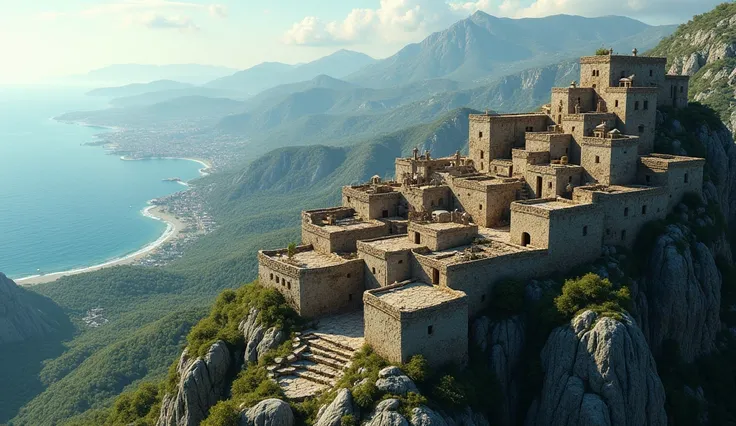 A stunning aerial view of an ancient village on the highest part of a mountain , with houses on two different levels of relief. This high region is quite extensive. The village includes stone houses that adapt perfectly to the terrain. In the background, t...