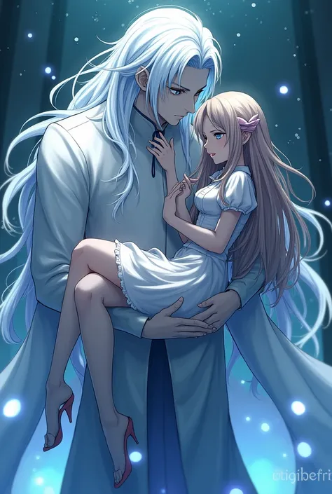 A gojo holding a girl height 53 waist standing (anime)