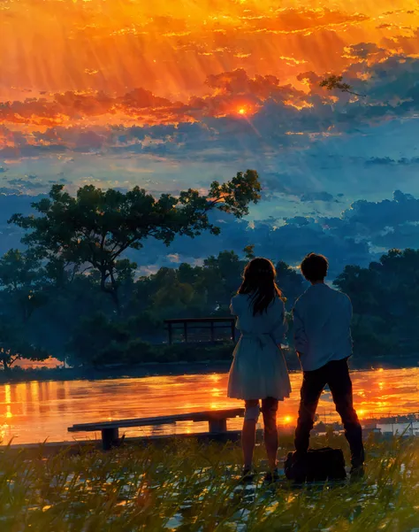 a boy, a girl, couple, with sunset, there are two people standing on a bench looking at the sun, a  small pond, trees, grass, summer setting, they are looking at sunset, summer evening, sunset evening lighting, taken at golden hour, with vibrant sky, photo...