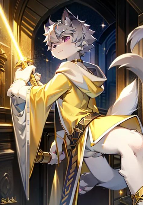 White male cat，cute，Handsome，boy，Big furry tail，Golden clothes，Gold and purple eyes，holding light saber，Sword Master，Detailed background，Silver hair