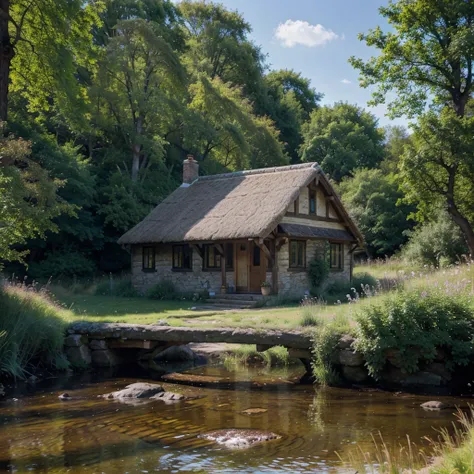 beautiful countryside oak framed cottage nestling at the edge of the woods, meadow, blue sky, babbling brook, small bridge