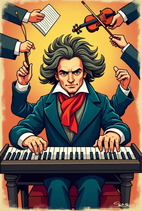 Ludwig van Beethoven Poster with hand position playing piano and has 6 hands playing violin and paper in cartoon style