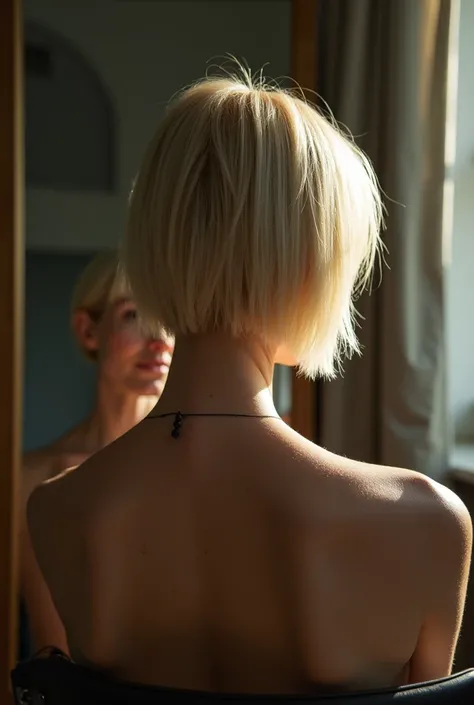  woman 50 years old,  ultra short blonde plunging bob cut with the nape shaved close to the occiput , sitting in an armchair in her room, face au miroir, nue, completely seen from behind,  zoom on the neck , beaucoup de lumière , 