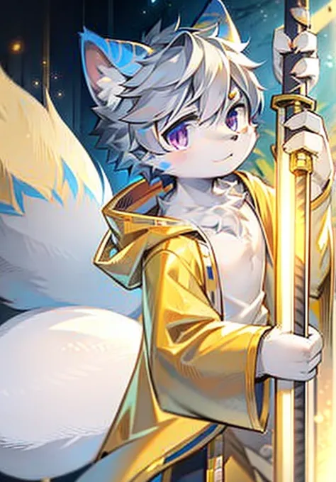 White male cat，cute，Handsome，boy，Big furry tail，Golden clothes，Left eye gold，Right eye purple，Holding a lightsaber，Sword Master，Detailed background，Silver hair