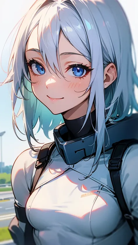 Female student、solo、smile、Silver Hair、Blue Eyes、Small breasts、Upper body close-up、Airport Background