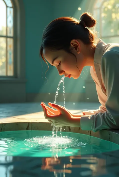 "An intricate, hyperrealistic 3D image of a person performing ablution. The water sparkles as it flows over their hands and face, glowing slightly to emphasize its purity. The person leans in, sniffing the water to ensure it’s pure, as soft rays of sunligh...