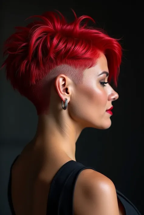  une femme de 50 ans avec une coupe carré rouge très courte, où la nuque est rasée à blanc, créant un contraste net avec le reste des cheveux. Léclairage intense met en avant la texture et la couleur vive des cheveux, ainsi que la coupe audacieuse, soulign...