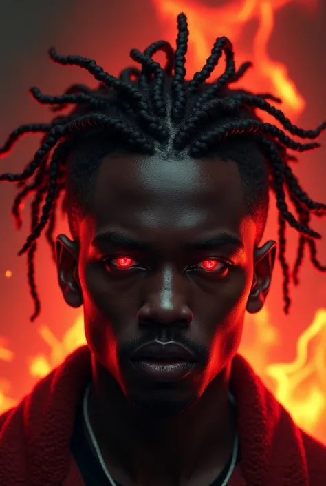 1 black man with glowing red eyes and black and red cornrows with red flame background