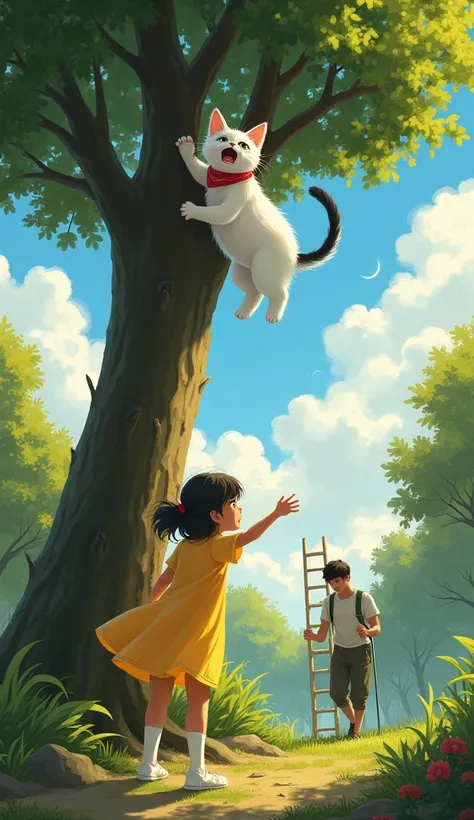 "make a realistic picture, At the top of a tall tree, a white-furred kitten with a black tail looks panicked. The cat wears a small red bandana around its neck. Below it, a  in a yellow dress and white shoes calls to the gardener, who has already come with...