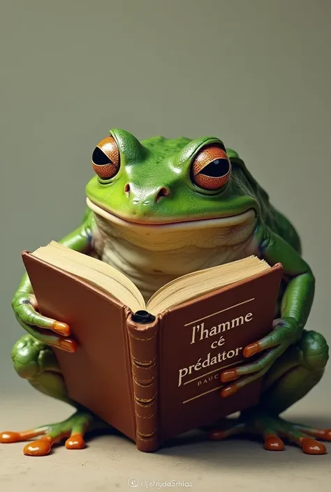 Une grenouille  lit une enorme encyclopédie de 5000 pages. Elle est effrayée. Sur la couverture  il est ecrit  : " L HOMME, CE PREDATEUR " en Francais. On voit le texte clairement. 