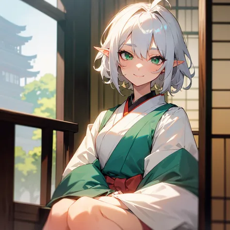 elf, female, silver hair,short hair, medium cut, ahoge, curly hair, green eyes,slender, fair skin, japanese female kimono, (big  bow behind hair),  cool mild Smile, japanese Hotel, japanese doorman, annoyance