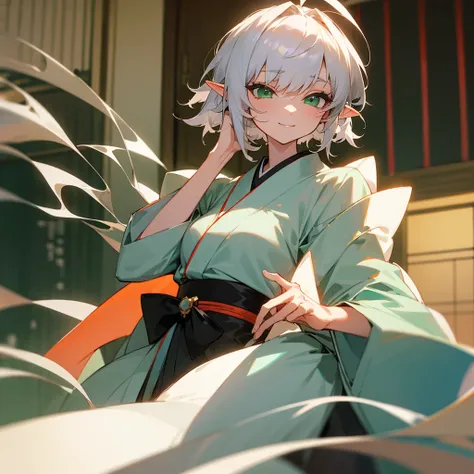 elf, female, silver hair,short hair, medium cut, ahoge, curly hair, green eyes,slender, fair skin, japanese female kimono, (big ...