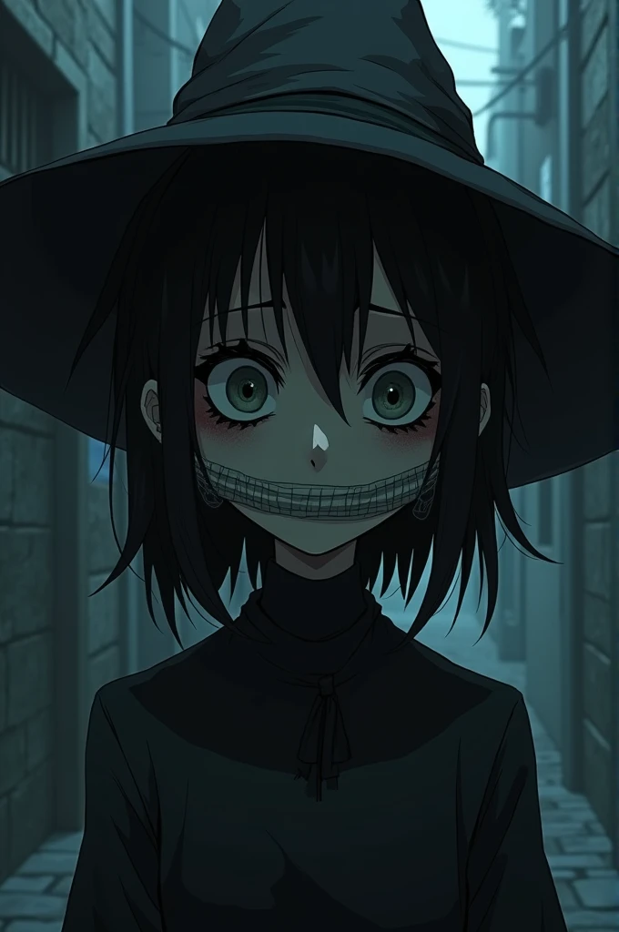 Create a dark anime character with a sewn mouth and a hat